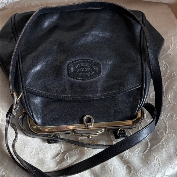 Oroton Black Leather Crossbody Bag with Gold Accents - Picture 10 of 11